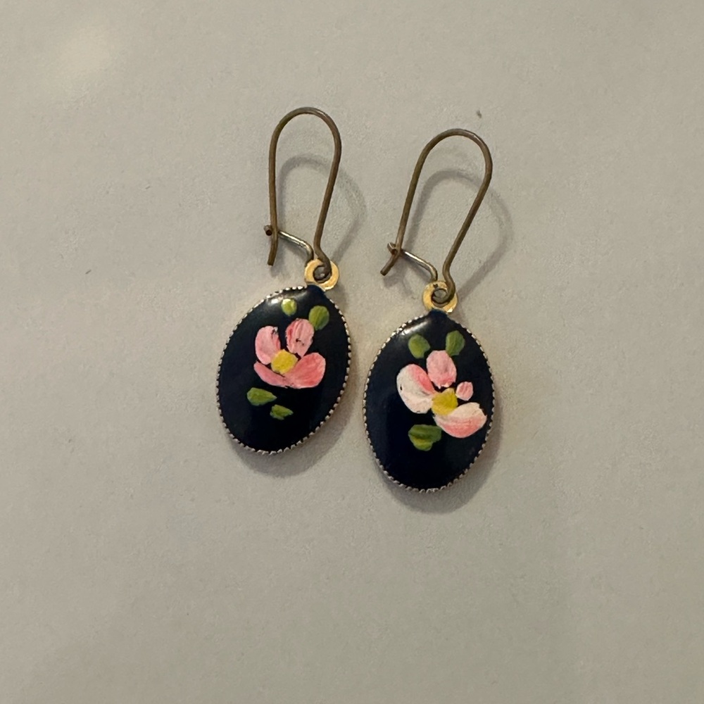 Blue Gold Painted Floral Dangle Earrings